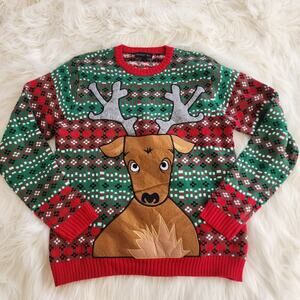 Blizzard‎ Bay reindeer with pocket front ugly Christmas sweater men's size large